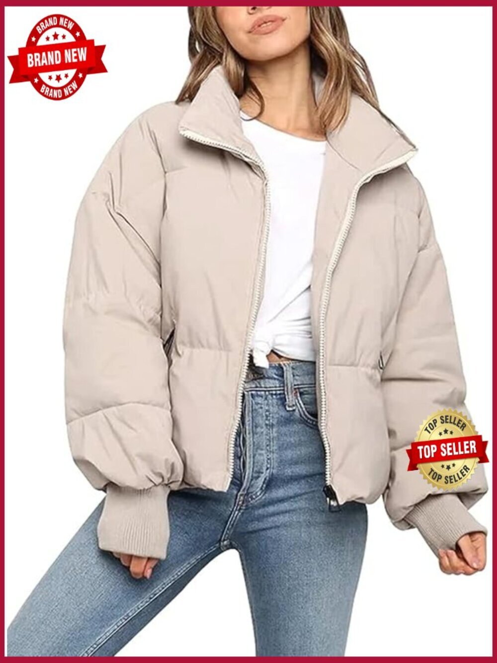 Cropped Puffer Jacket Winter Short Quilted Coat Warm Zip Up